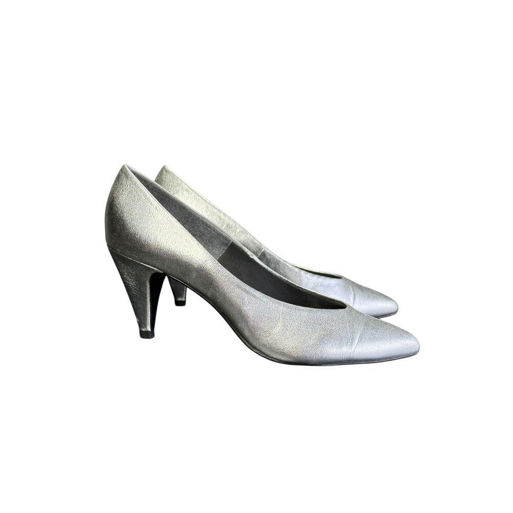 Connie Vintage 80s / 90s Iconic Metallic Silver Pumps Conical Heel Size 6.5